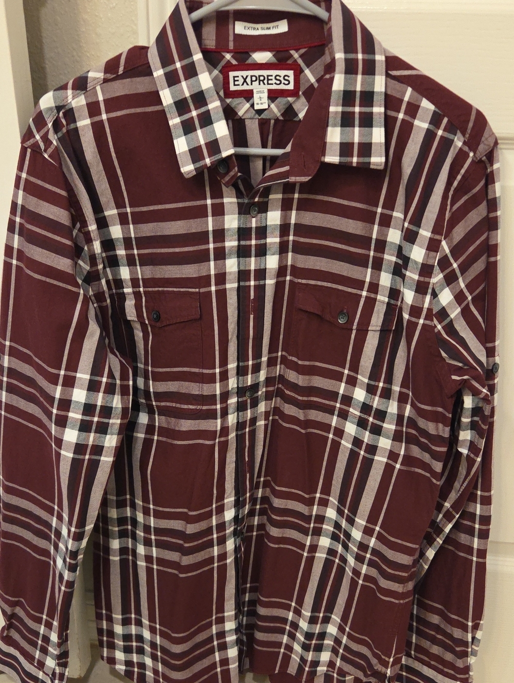 Express Men's Maroon Plaid Button-Down Shirt